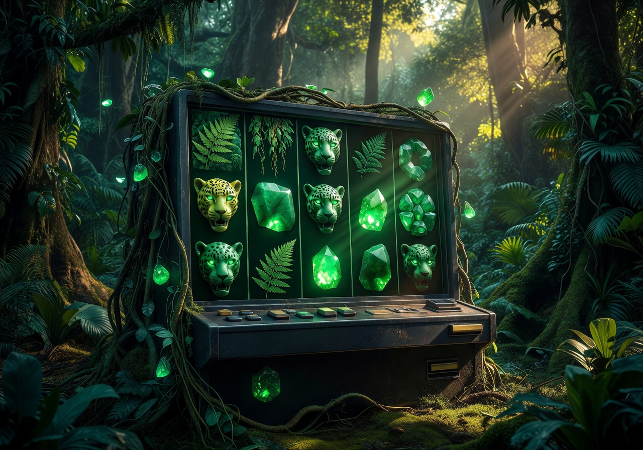 Jade Jaguar slot game reels with emerald jungle symbols and glowing jade gemstones